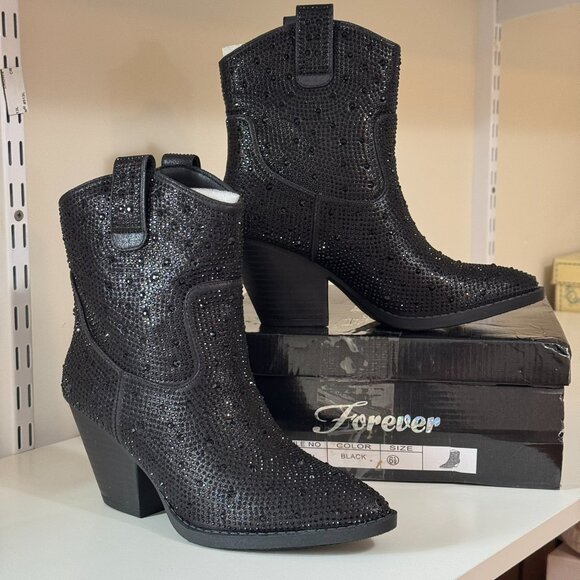 Forever Shoes - New Women Black Blingy Rhinestone Western Cowboy Boots Ankle Booties Size 6.5